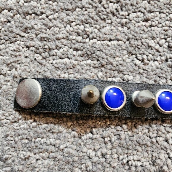 Vintage Leather Studded Bracelet Blue Rhinestones Rock Punk Metal Cone Studs 8in - Picture 4 of 7
